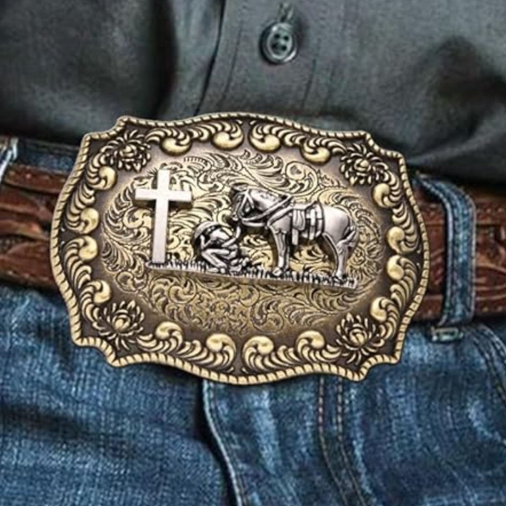 Faith Horse and cowboy praying at cross Belt buckle